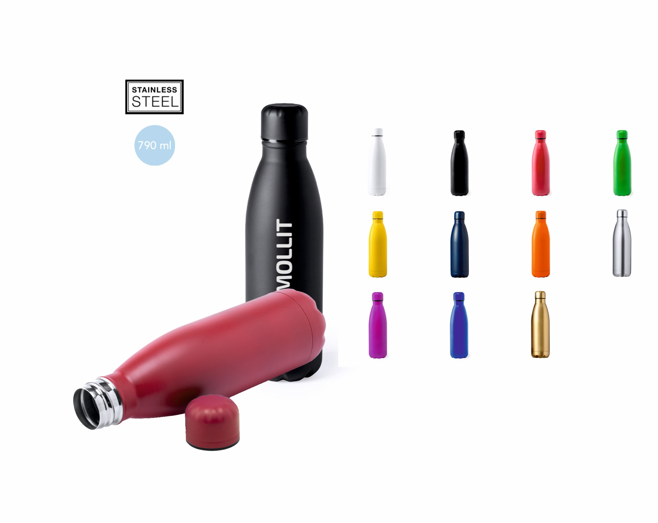 BIDON FABRICADO EN ACERO INOXIDABLE DE 790ML CON TAPON DE SEGURIDAD DE ROSCA