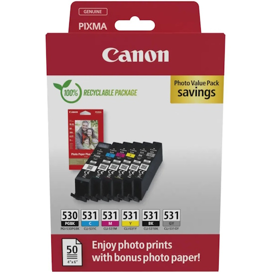 CAARATUCHO ORIGINAL Canon PGI530/CLI531 Pack de 6 Cartuchos de Tinta Originales + 50 Hojas de Papel Fotografico 10x15cm - 6117C004