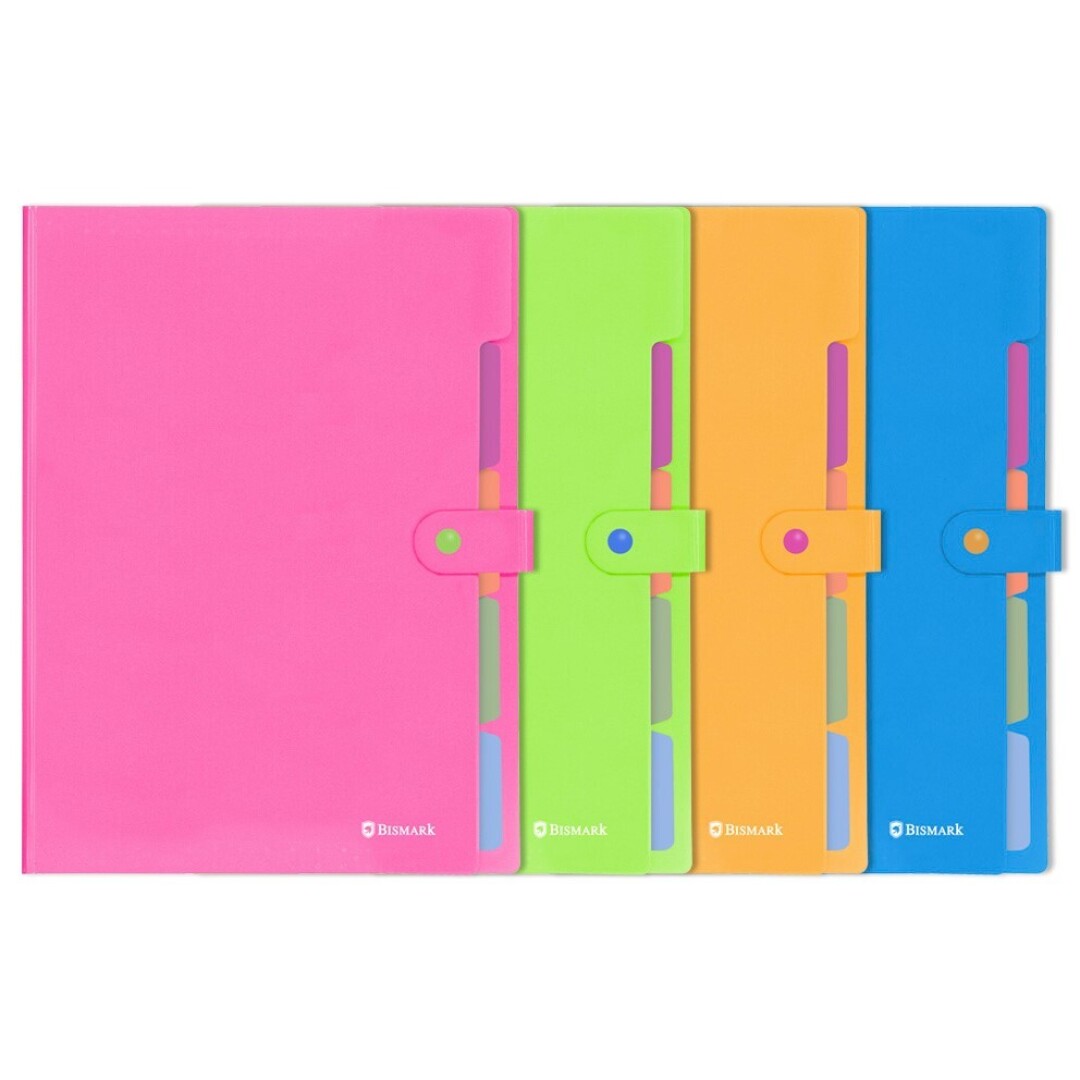 CARPETA FULLE DE 5 BOLSILLOS CON CIERRE DE BOTON FORMATO A4 EN COLORES NEON