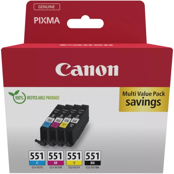 CARTUCHO ORIGINAL Canon CLI551 Multipack de 4 Cartuchos de Tinta Originales Negro, Cyan, Magenta y Amarillo - 6509B015