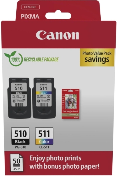 CARTUCHO ORIGINAL Canon PG-510/CL-511 Multipack de 2 Cartuchos de Tinta Originales + 50 Hojas de Papel Fotografico - 2970B017