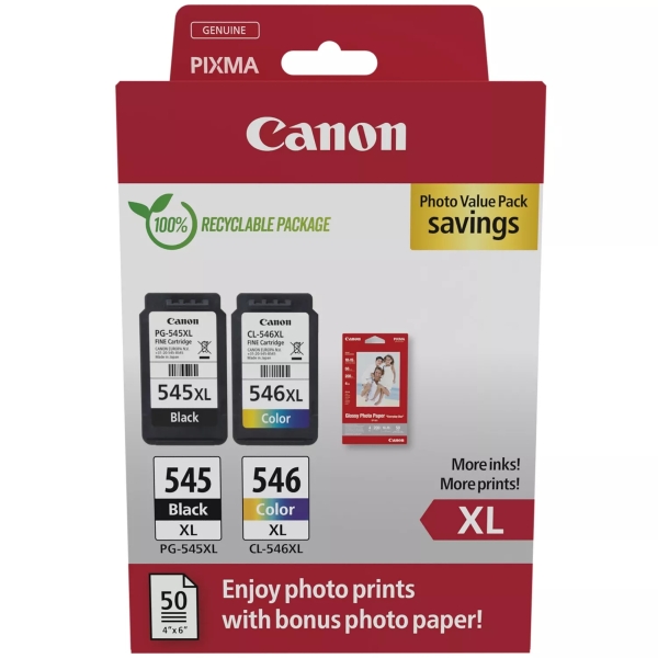 CARTUCHO ORIGINAL Canon PG545XL Negro + CL546XL Color Pack de 2 Cartuchos de Tinta Originales + 50 Hojas de Papel Fotografico - 8286B011/8286B006