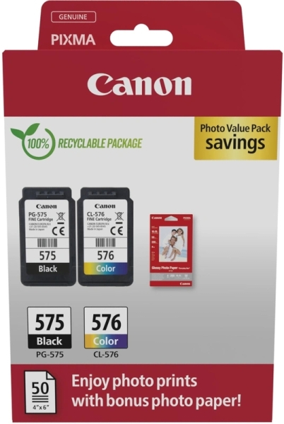CARTUCHO ORIGINAL Canon PG575/CL576 Pack de 2 Cartuchos de Tinta Originales + 50 Hojas de Papel Fotografico - 5438C004