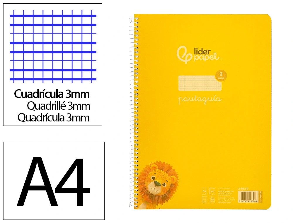 CUADERNO ESPIRAL A4 PAUTAGUIA ***TAPA PLASTICO*** 80H 90GR CUADRO PAUTADO 3MM CON MARGEN COLOR **AMARILLO**