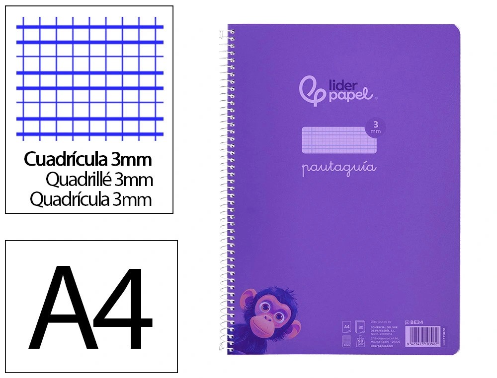 CUADERNO ESPIRAL A4 PAUTAGUIA TAPA PLASTICO 80H 90GR CUADRO PAUTADO 3MM CON MARGEN COLOR LILA