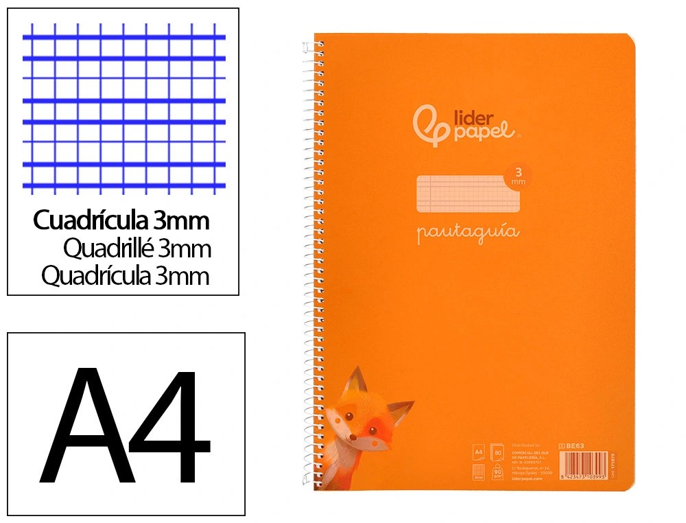 CUADERNO ESPIRAL A4 PAUTAGUIA TAPA PLASTICO 80H 90GR CUADRO PAUTADO 3MM CON MARGEN COLOR NARANJA