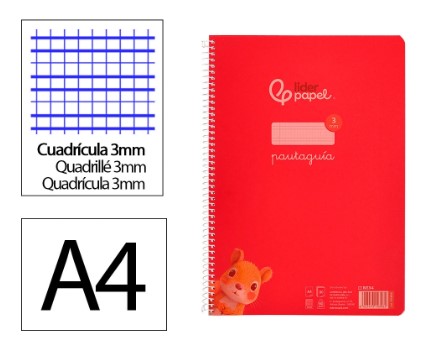CUADERNO ESPIRAL A4 PAUTAGUIA ***TAPA PLASTICO*** 80H 90GR CUADRO PAUTADO 3MM CON MARGEN COLOR **ROJO**