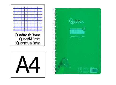 CUADERNO ESPIRAL A4 PAUTAGUIA ***TAPA PLASTICO*** 80H 90GR CUADRO PAUTADO 3MM CON MARGEN COLOR **VERDE**