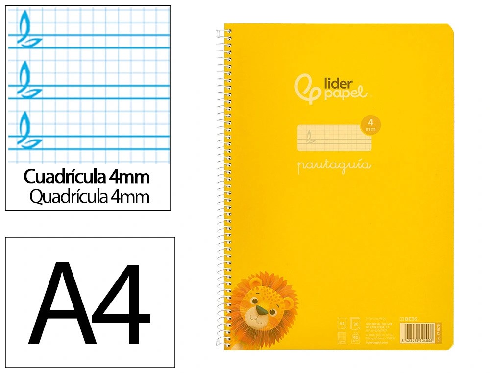 CUADERNO ESPIRAL A4 PAUTAGUIA ***TAPA PLASTICO*** 80H 90GR CUADRO PAUTADO 4MM CON MARGEN COLOR **AMARILLO**