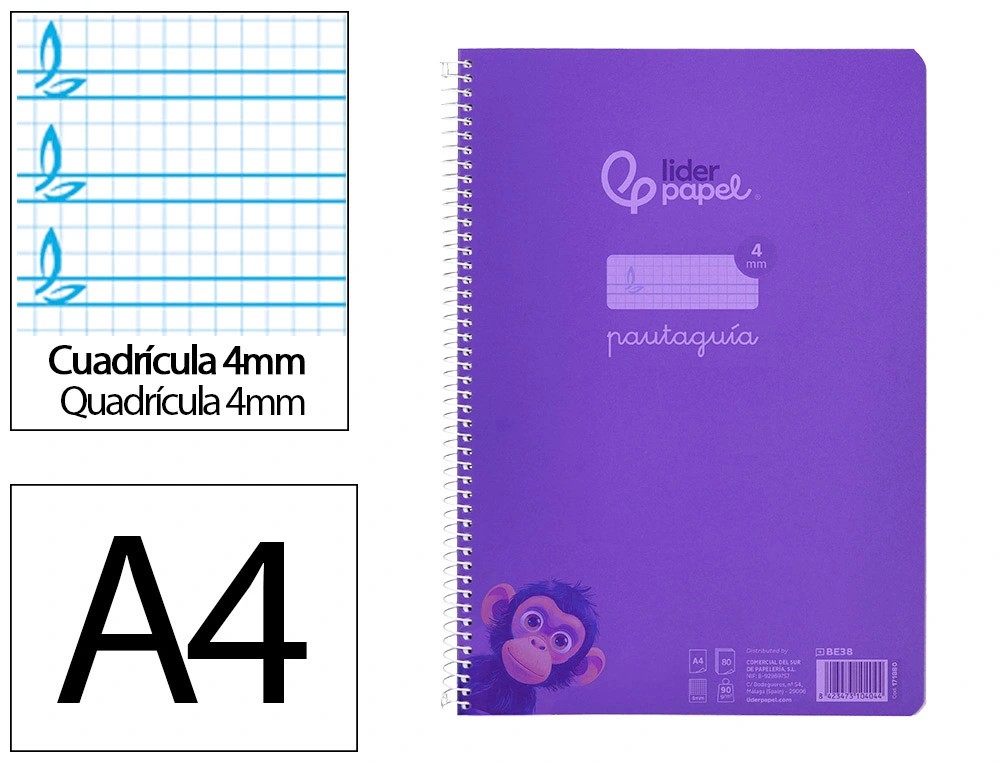 CUADERNO ESPIRAL A4 PAUTAGUIA ***TAPA PLASTICO*** 80H 90GR CUADRO PAUTADO 4MM CON MARGEN COLOR **LILA**
