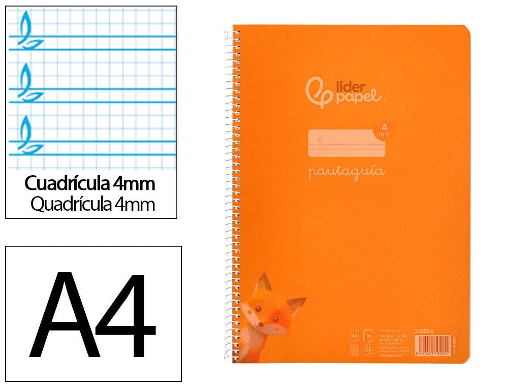CUADERNO ESPIRAL A4 PAUTAGUIA ***TAPA PLASTICO*** 80H 90GR CUADRO PAUTADO 4MM CON MARGEN COLOR **NARANJA**