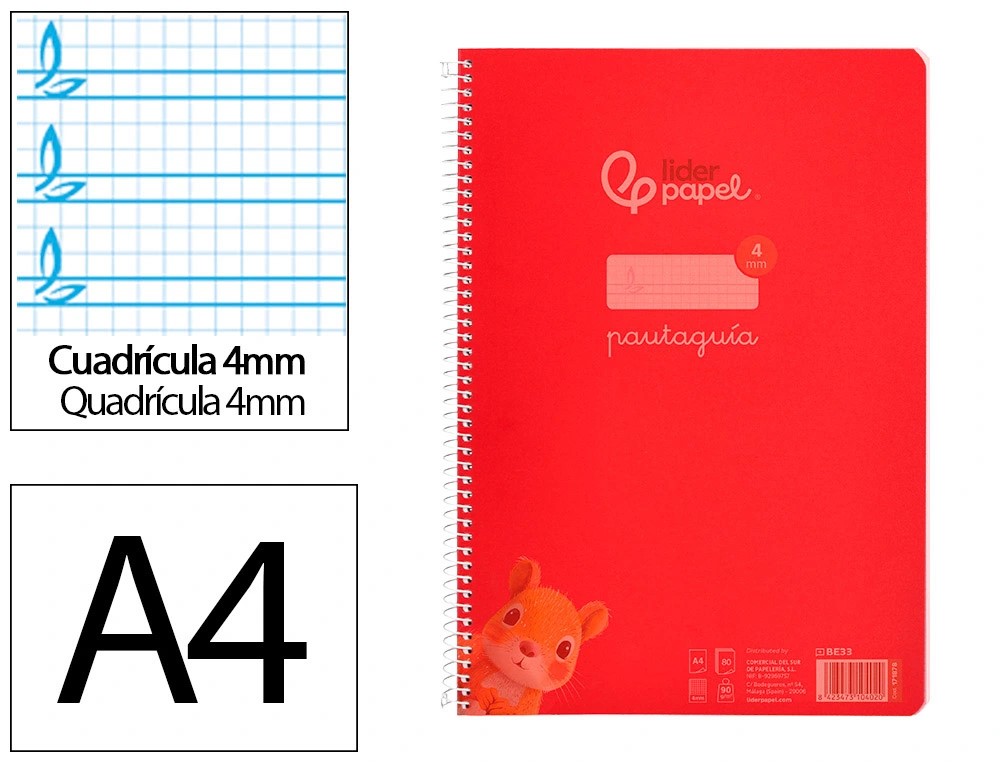 CUADERNO ESPIRAL A4 PAUTAGUIA ***TAPA PLASTICO*** 80H 90GR CUADRO PAUTADO 4MM CON MARGEN COLOR **ROJO**