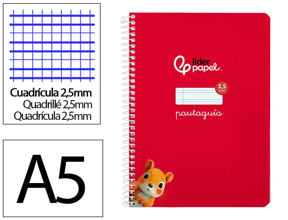 CUADERNO ESPIRAL A5 CUARTO PAUTAGUIA 2.5MM ***TAPA BLANDA*** HOJAS  ***ROJO***