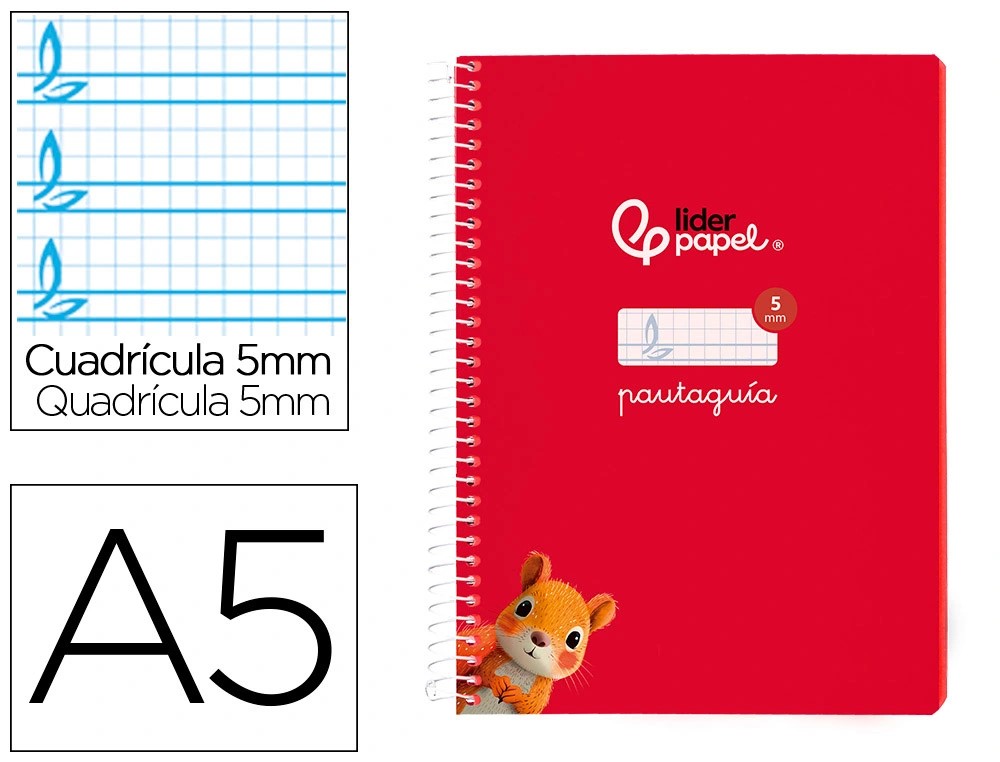 CUADERNO ESPIRAL A5 CUARTO PAUTAGUIA 5MM ***TAPA BLANDA*** HOJAS  ***ROJO***