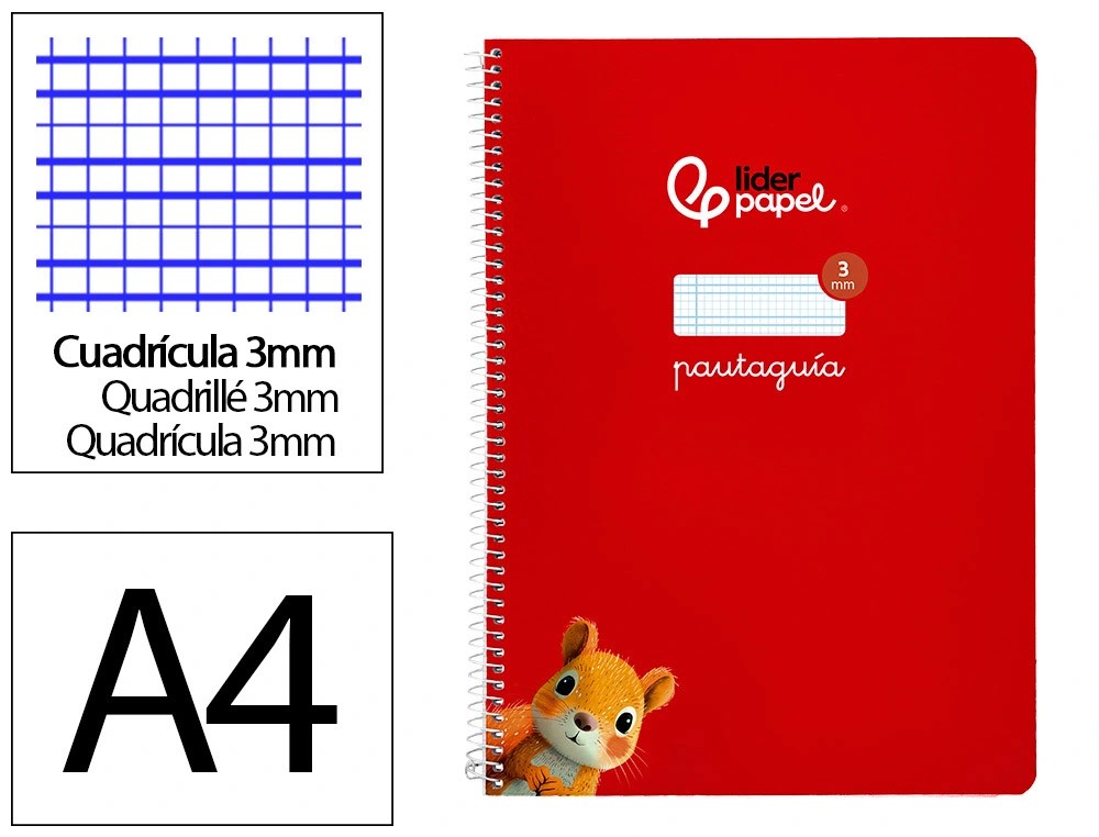 CUADERNO ESPIRAL LIDERPAPEL A4 PAUTAGUIA TAPA BLANDA 80H 75 GR CUADRO PAUTADO 3MM COLOR ROJO.