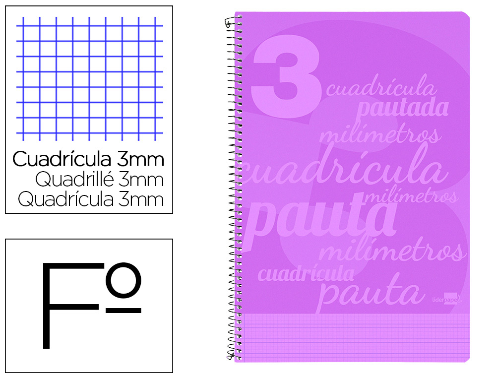 CUADERNOS  FOLIO ***TAPA PLASTICO***VIOLETA*** RAYADO ***PAUTA GUIA DE 3MM*** LIDERPAPEL