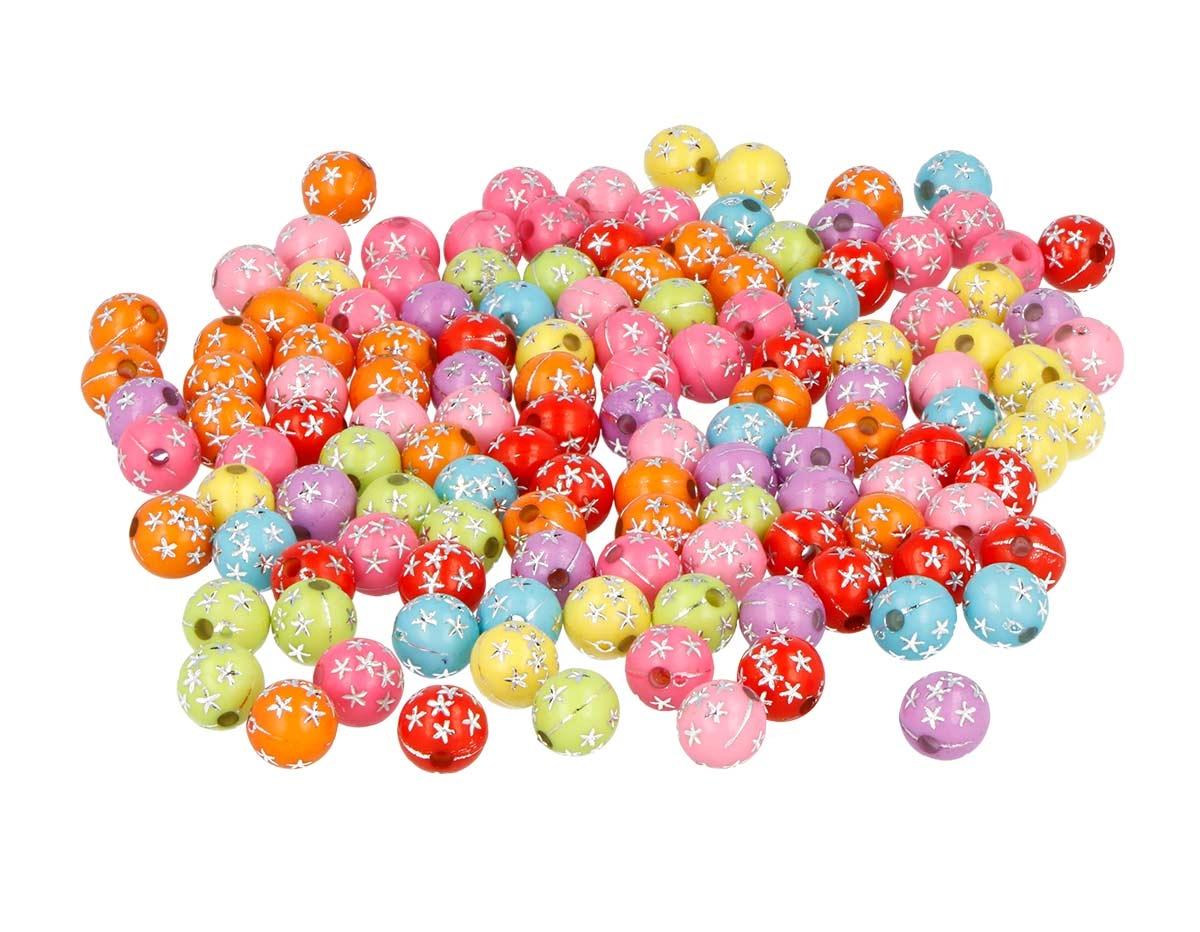 CUENTAS DE PLASTICO ***REDONDAS CON ESTRELLAS*** COLORES SURTIDOS DE 7.5MM BOTE DE 750 UNIDADES