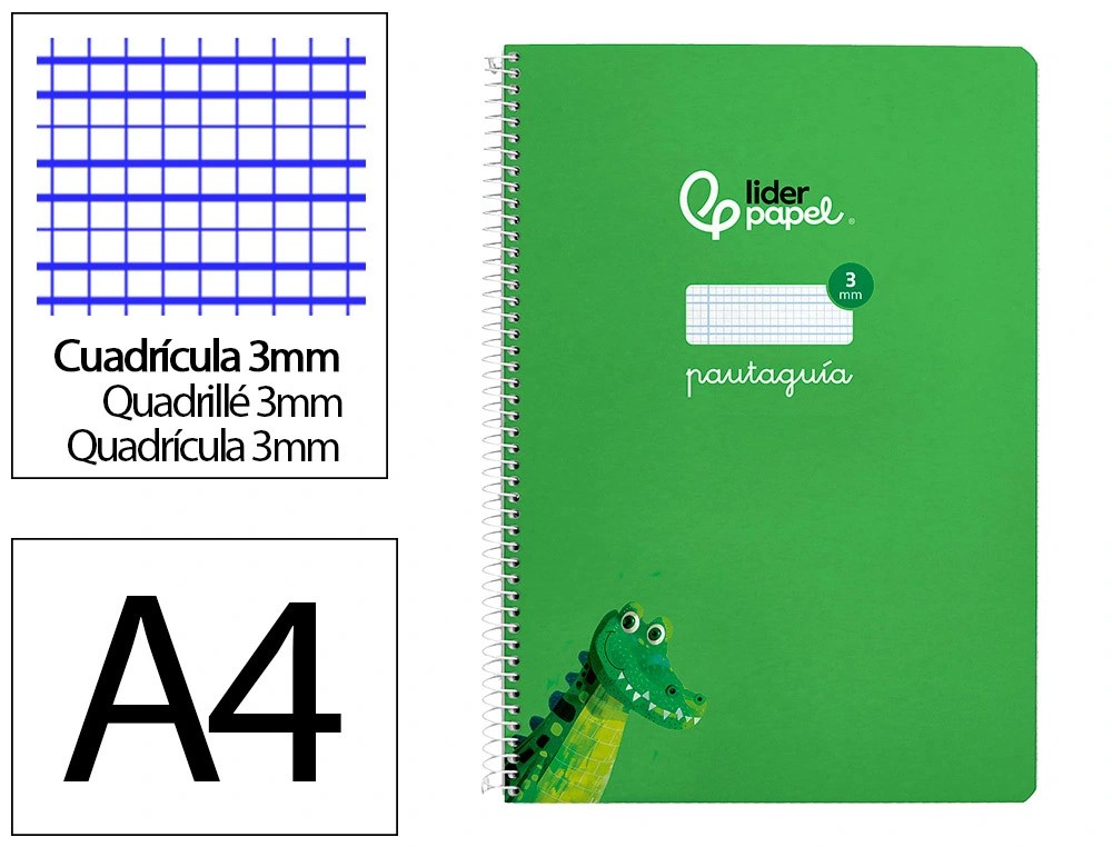 Cuaderno espiral liderpapel din a4 pautaguia tapa dura 80h 90 gr cuadro pautado 3mm color verde.