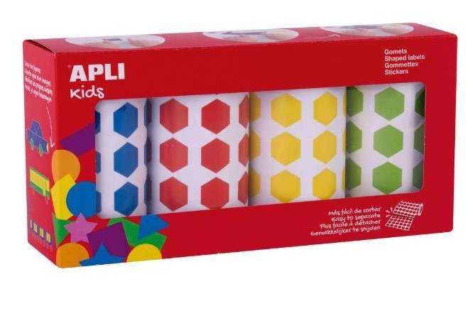 GOMETS PACK 4 ROLLOS **HEXAGONOS 20MM AZUL, ROJO, AMARILLO Y VERDE** APLI