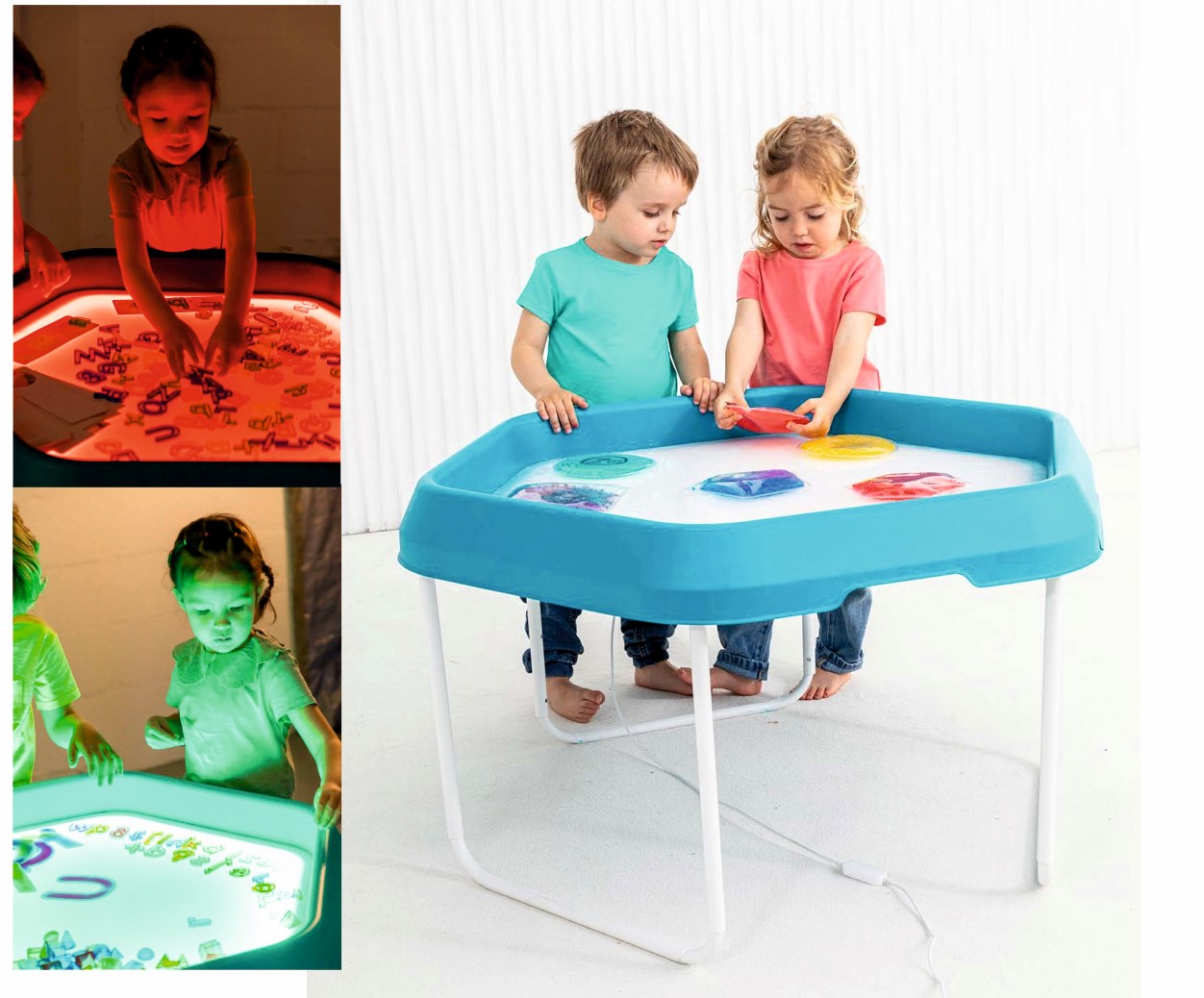 MESA BANDEJA SENSORIAL CON LUZ LED DE 95CM DIAMETRO POR 10CM ALTO ***CON PATAS***