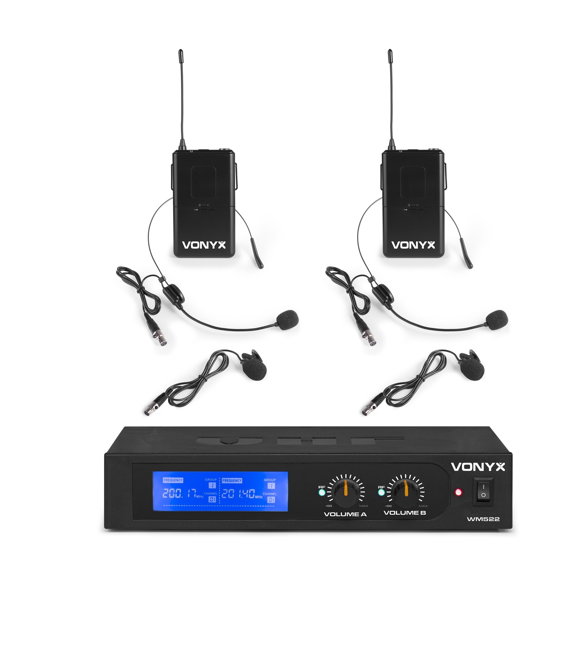 MICROFONO INALAMBRICO VHF DE 2 CANALES CON 2 MICROS DE CABEZA DOBLE LAVALIER VONIX