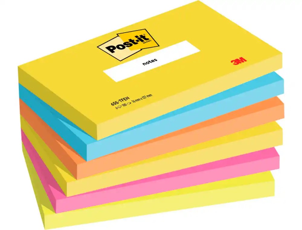 NOTAS ADHESIVAS ENON DE 76X127MM ***PACK  6 BLOCK SURTIDOS COLORES NEON*** 3M POST-IT