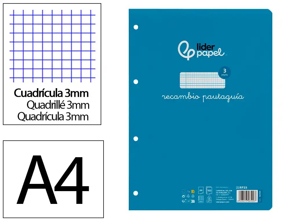 RECAMBIO ANILLAS A4 FOLIO ***PAUTAGUIA 3MM*** 100 HOJAS PAEL 75GR