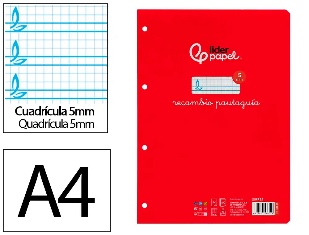 RECAMBIO ANILLAS A4 FOLIO ***PAUTAGUIA 5MM*** 100 HOJAS PAEL 75GR
