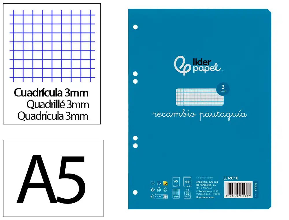 RECAMBIO ANILLAS A5 CUARTO ***PAUTAGUIA 3MM*** 100 HOJAS PAEL 75GR