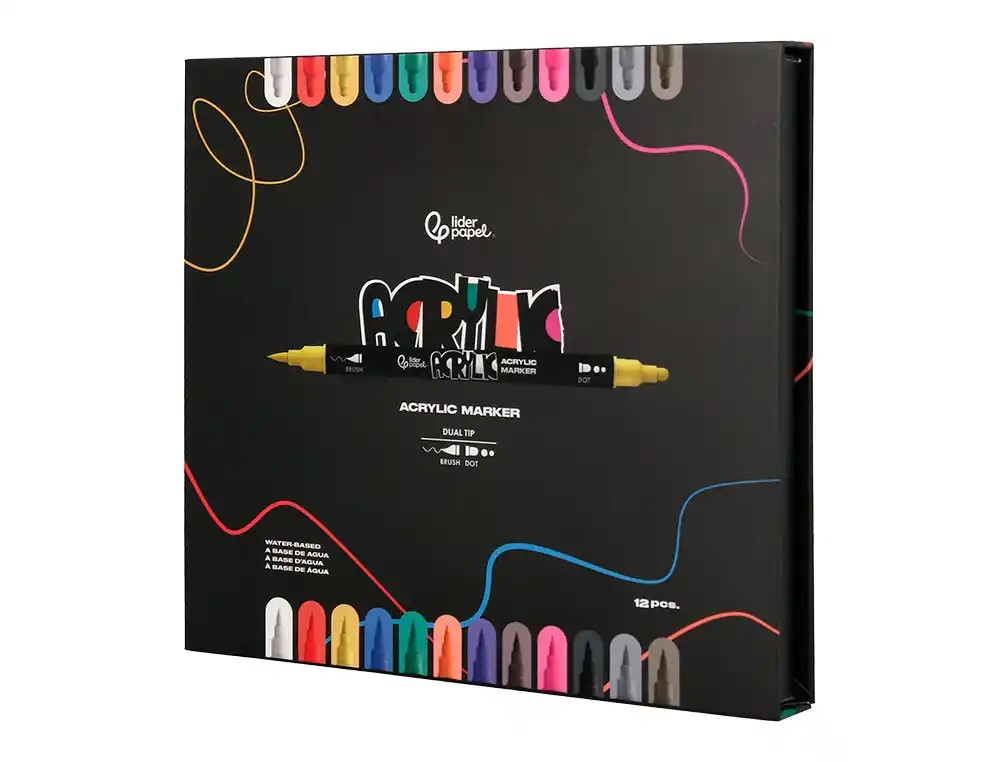 ROTULADOR ACRYLICO BASE AGUA DOBLE PUNTA PINCEL + REDONDA ****12 COLORES SURTIDOS***