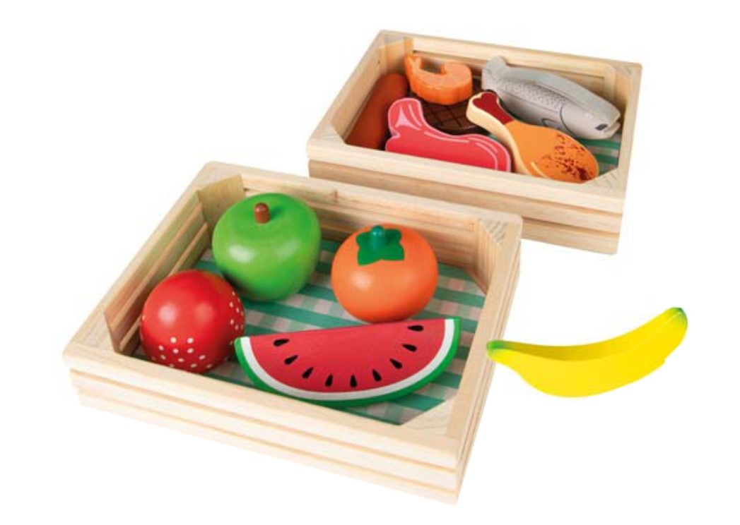 SET 2 CAJAS CON COMIDA EN MADERA UNA CAJA CON 5 PIEZAS DE FRUTAS Y UNA SEGUNDA CAJA CON 5 PIEZAS DE CARNE Y PESCADO